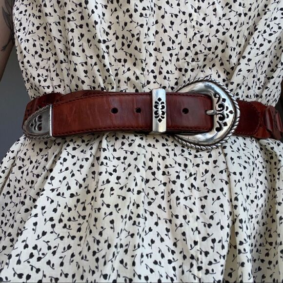 Vintage Brighton 1995 Brown Tan Leather Woven Western Boho Belt Sz M - Picture 3 of 9